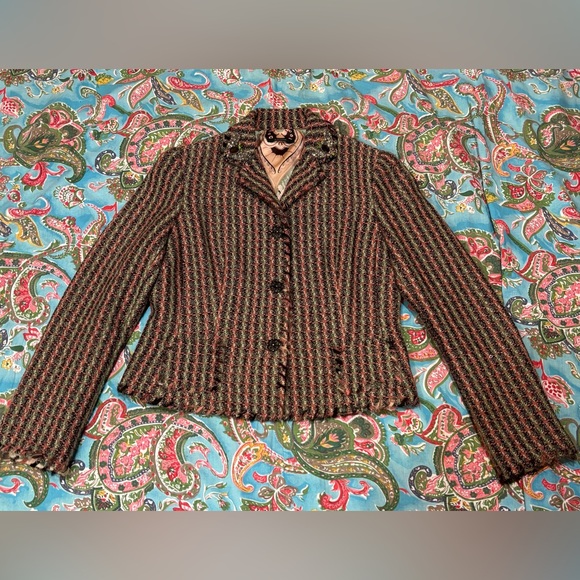 ELIE TAHARI tweed EMBELLISHED blazer sport coat jacket BEADED boho luxury LARGE - Picture 2 of 16